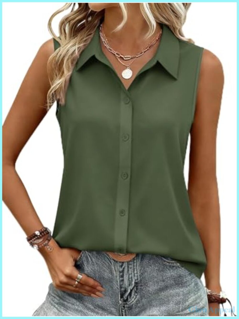 Sleeveless Button Down Blouse Women Summer Casual Tank Top Polyester